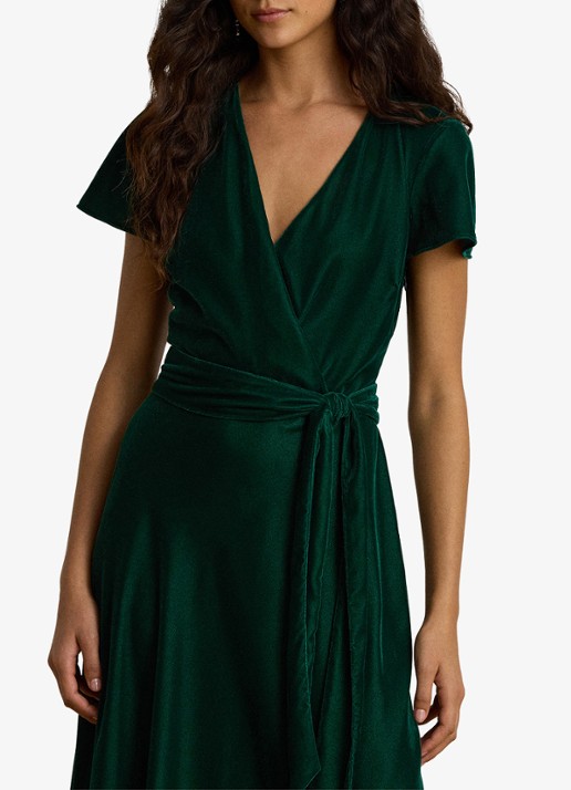 Ralph Lauren Midi wikkeljurk van fluweel met strikceintuur