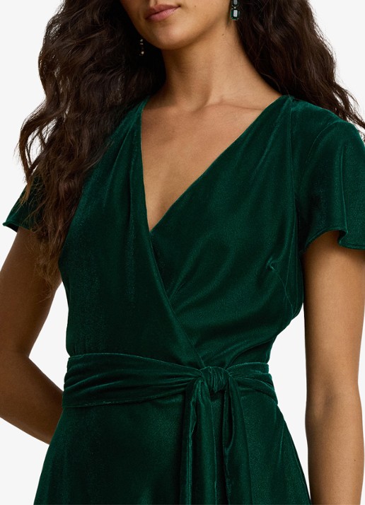 Ralph Lauren Midi wikkeljurk van fluweel met strikceintuur - detail 3 dark evergreen / groen