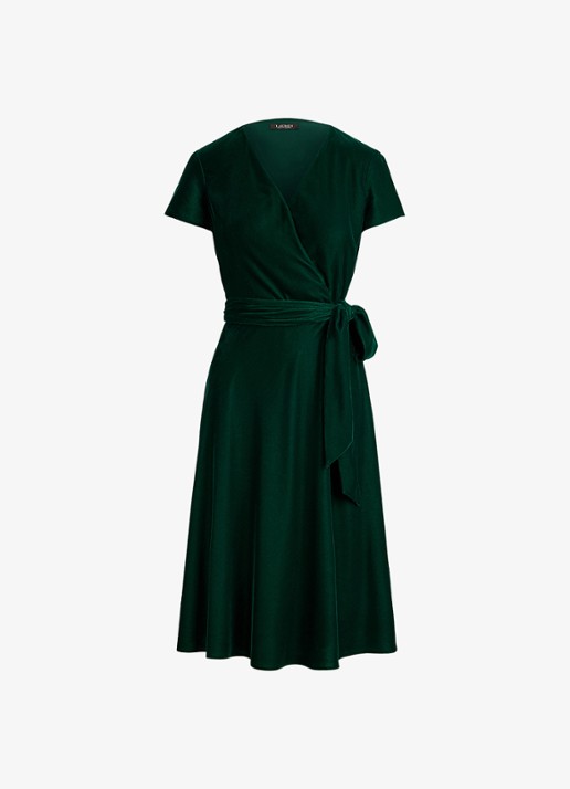 Ralph Lauren Midi wikkeljurk van fluweel met strikceintuur - voorkant 4 dark evergreen / groen