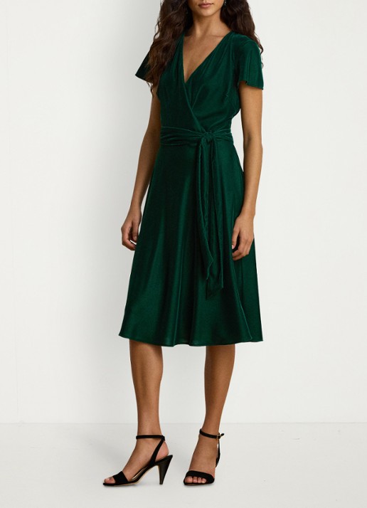 Ralph Lauren Midi wikkeljurk van fluweel met strikceintuur - voorkant 5 dark evergreen / groen