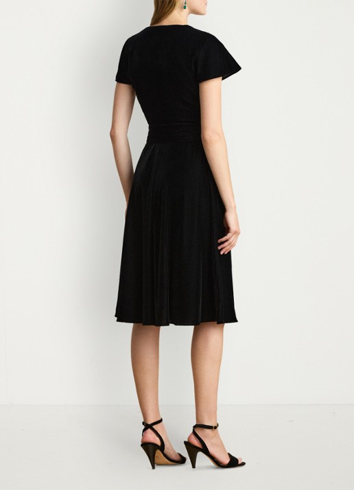 Ralph Lauren Midi wikkeljurk van fluweel met strikceintuur - achterkant black velvet / zwart
