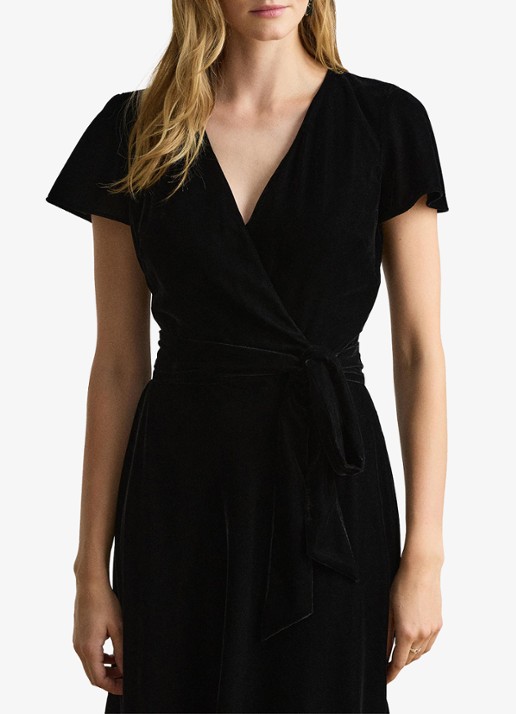 Ralph Lauren Midi wikkeljurk van fluweel met strikceintuur - detail 2 black velvet / zwart