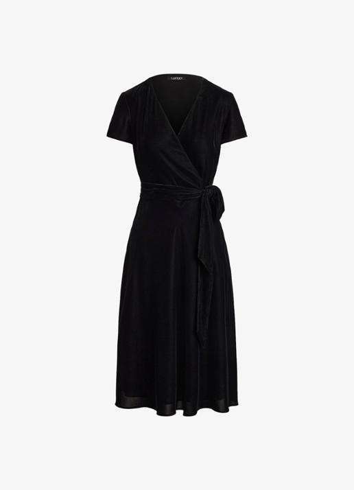 Ralph Lauren Midi wikkeljurk van fluweel met strikceintuur - voorkant 4 black velvet / zwart