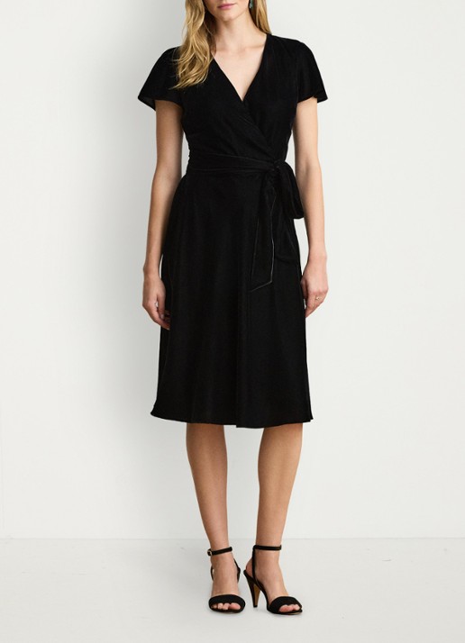 Ralph Lauren Midi wikkeljurk van fluweel met strikceintuur - voorkant 5 black velvet / zwart