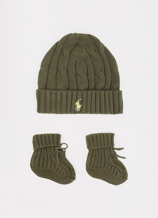 Ralph Lauren Muts en slofjes cadeauset van katoen  - voorkant olijfgroen