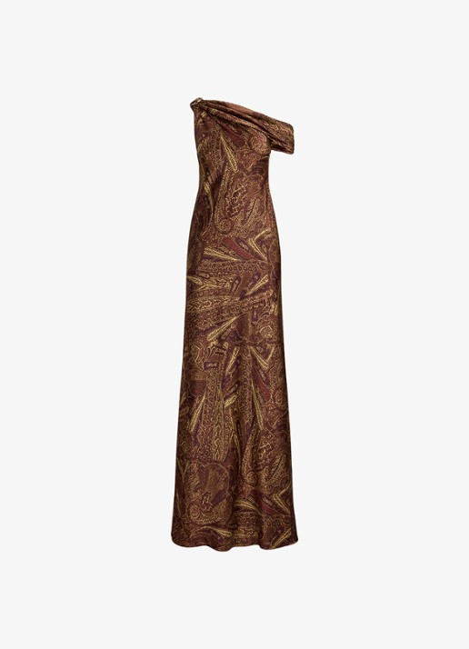 Ralph Lauren Off shoulder maxi jurk met gespdetail en print - voorkant 4 cinnamon multi / bruin