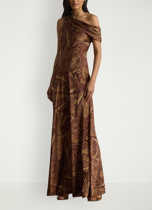 Ralph Lauren Off shoulder maxi jurk met gespdetail en print - voorkant 5 cinnamon multi / bruin