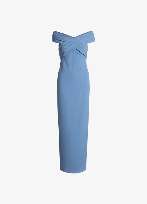Ralph Lauren Off-shoulder maxi jurk met split - voorkant sky blue / lichtblauw