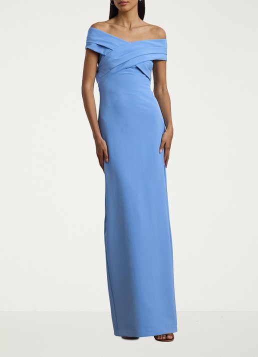 Ralph Lauren Off-shoulder maxi jurk met split - voorkant 2 sky blue / lichtblauw