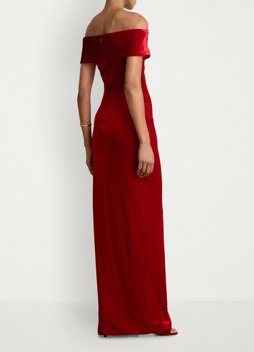 Ralph Lauren Off shoulder maxi jurk van fluweel met split - achterkant 3 lauren red velvet / rood
