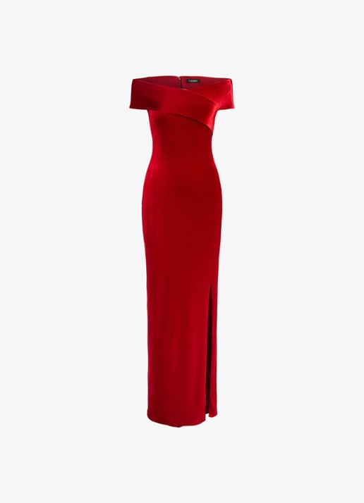 Ralph Lauren Off shoulder maxi jurk van fluweel met split - voorkant lauren red velvet / rood