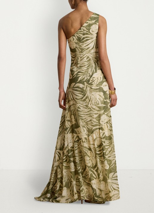 Ralph Lauren One shoulder maxi jurk met bladprint - achterkant 3 olive multi / groen