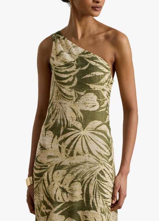 Ralph Lauren One shoulder maxi jurk met bladprint - detail 5 olive multi / groen