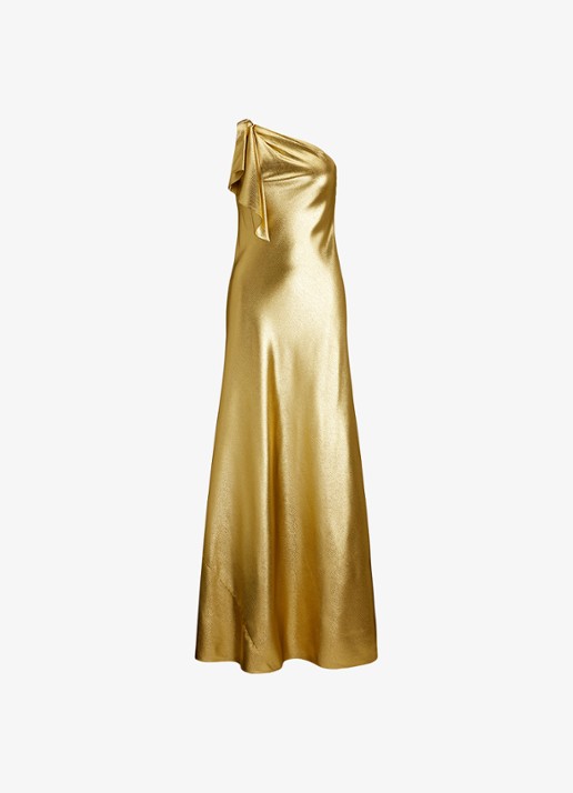 Ralph Lauren One shoulder maxi jurk met metallic finish - voorkant 2 relic gold / goud