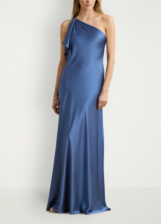 Ralph Lauren One shoulder maxi jurk met volant - voorkant 3 carson blue / blauw