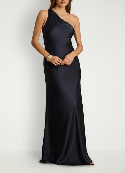 Ralph Lauren One shoulder maxi jurk van satijn - voorkant 2 lauren navy / blauw