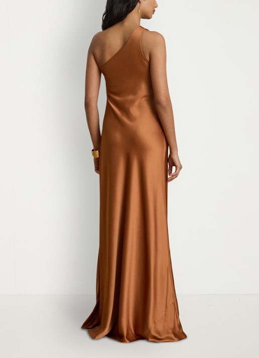 Ralph Lauren One shoulder maxi jurk van satijn - achterkant red terracotta / rood