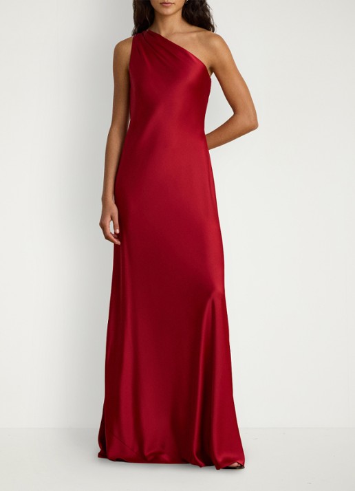 Ralph Lauren One shoulder maxi jurk van satijn - voorkant 3 ralph red / rood