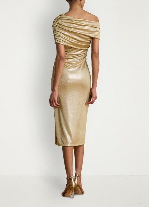 Ralph Lauren One shoulder midi jurk met metallic finish - achterkant 5 birch tan/gold foil / beige