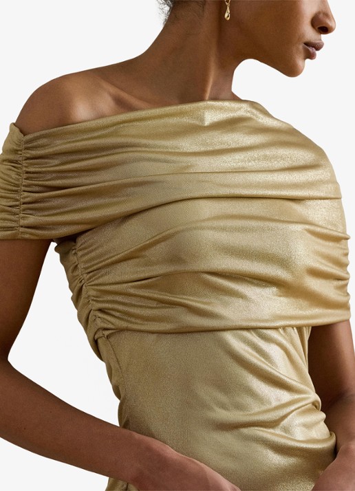 Ralph Lauren One shoulder midi jurk met metallic finish - detail 3 birch tan/gold foil / beige
