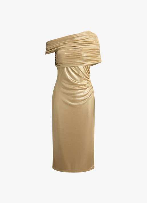 Ralph Lauren One shoulder midi jurk met metallic finish