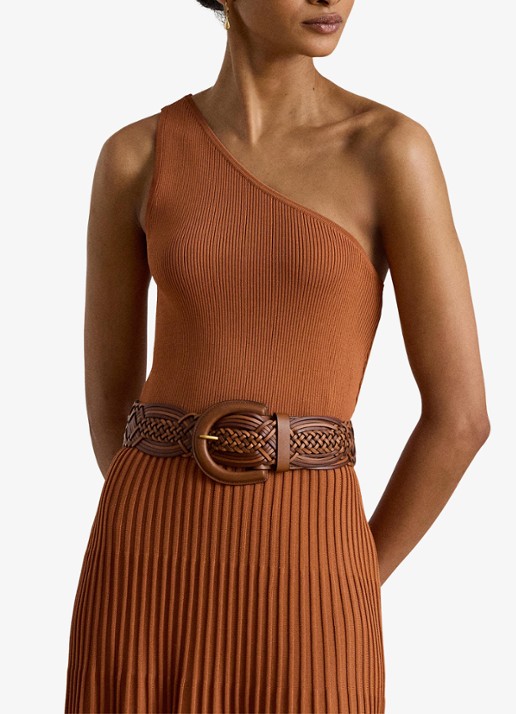 Ralph Lauren One shoulder midi jurk met ribstructuur - detail 5 red terracotta / rood
