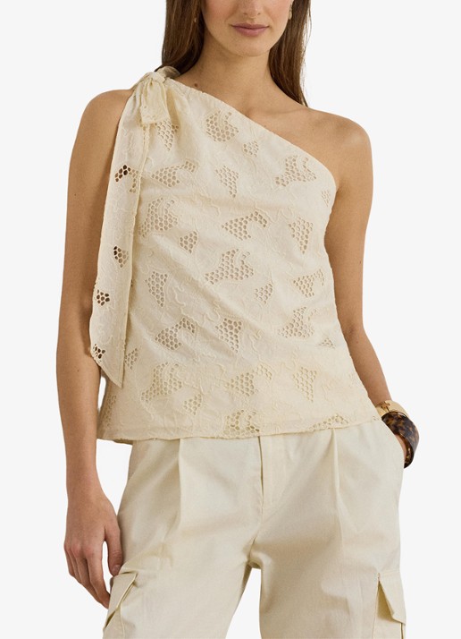 Ralph Lauren One shoulder top met broderie en strikdetail