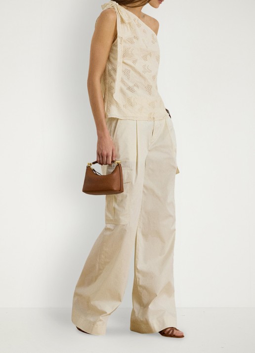 Ralph Lauren One shoulder top met broderie en strikdetail - voorkant 2 creme