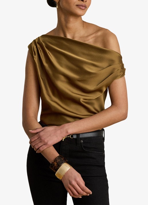 Ralph Lauren One shoulder top van satijn met plooidetail