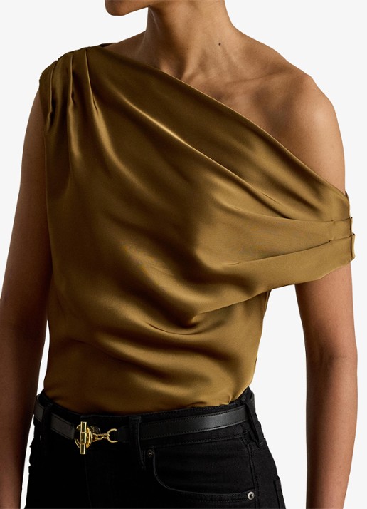 Ralph Lauren One shoulder top van satijn met plooidetail - detail 5 tobacco bronze / bruin