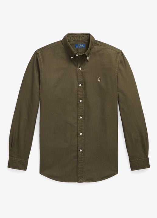 Ralph Lauren Oxford custom fit overhemd met logoborduring - voorkant company olive / olijfgroen