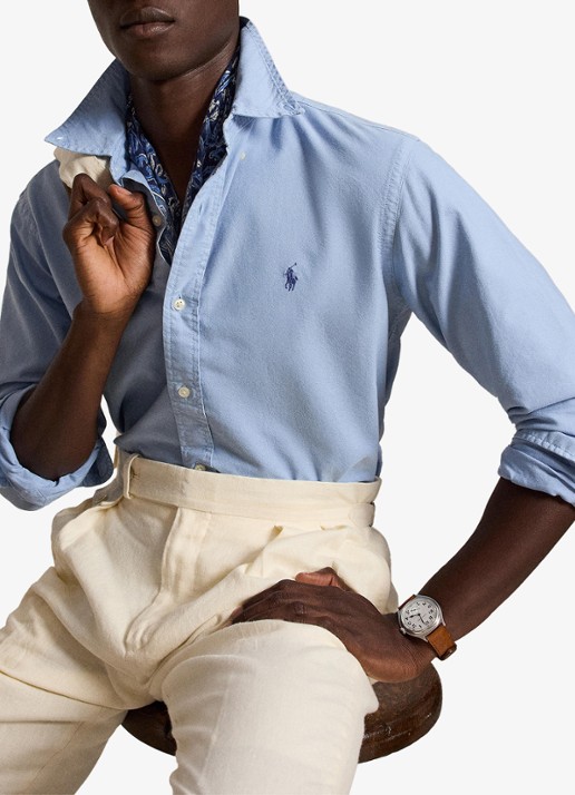 Ralph Lauren Oxford custom fit overhemd met logoborduring - voorkant 4 chambray blue / blauw