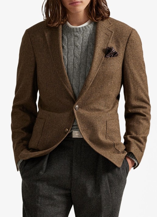 Ralph Lauren Polo modern fit colbert in wolblend met visgraatdessin - voorkant 2 brown/tan / bruin
