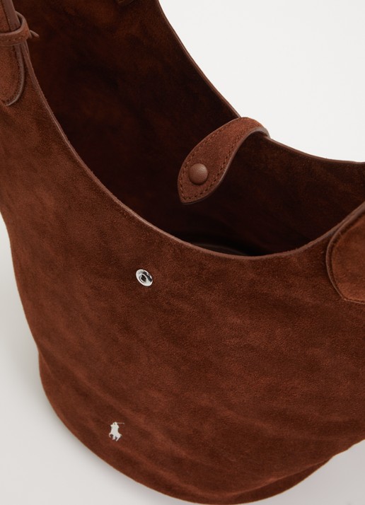 Ralph Lauren Polo Play Medium handtas van suède met logo  - detail bruin
