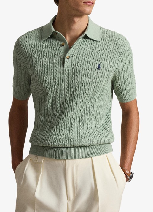 Ralph Lauren Regular fit kabelgebreide polo met logoborduring - voorkant 2 light green / lichtgroen