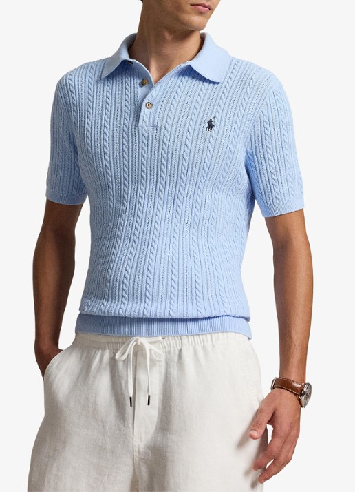 Ralph Lauren Regular fit kabelgebreide polo met logoborduring - voorkant 2 office blue / blauw