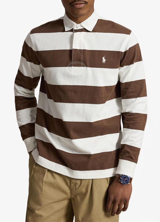 Ralph Lauren Regular fit polo met logo en streepprint - voorkant 5 trphy crm/choclate brwn / bruin