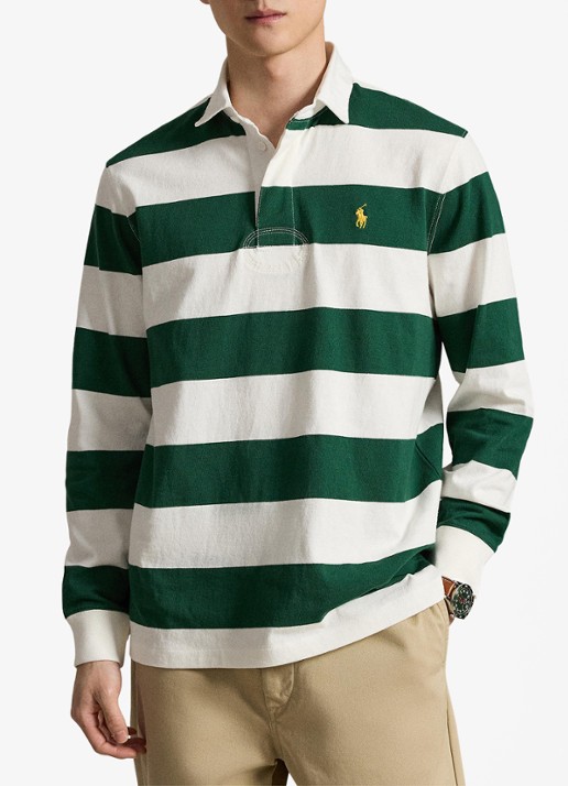Ralph Lauren Regular fit polo met logo en streepprint - voorkant 5 trphy crm/nw forest / groen