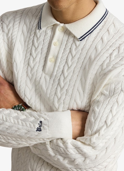 Ralph Lauren Relaxed fit kabelgebreide trui in linnenblend met polokraag - detail 5 trophy cream / crème
