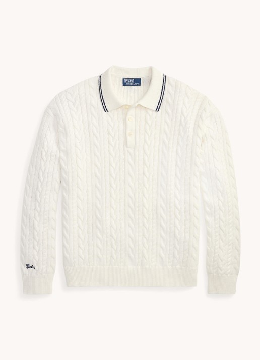 Ralph Lauren Relaxed fit kabelgebreide trui in linnenblend met polokraag - voorkant 2 trophy cream / crème