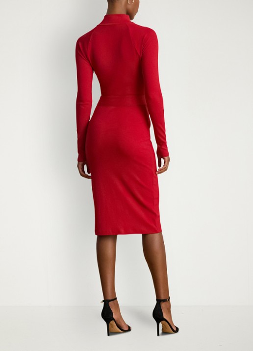 Ralph Lauren Ribgebreide jurk met opstaande kraag en sierknopen - achterkant ralph red / rood