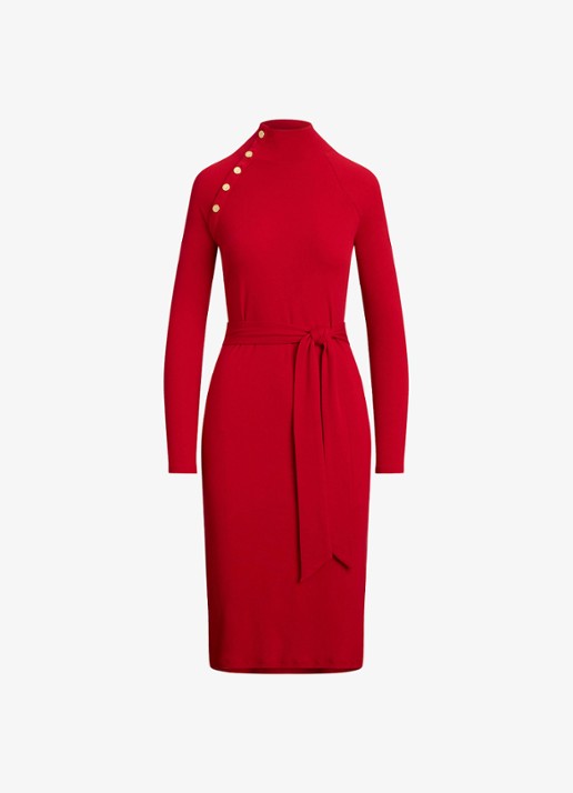 Ralph Lauren Ribgebreide jurk met opstaande kraag en sierknopen - voorkant 2 ralph red / rood