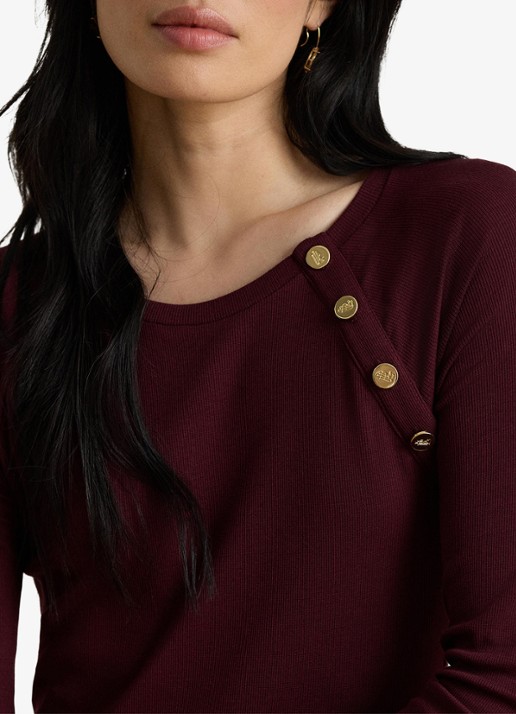 Ralph Lauren Ribgebreide midi jurk met sierknopen - detail 2 dark garnet / bordeauxrood