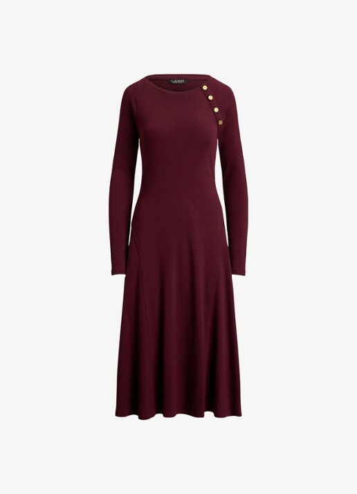 Ralph Lauren Ribgebreide midi jurk met sierknopen - voorkant 4 dark garnet / bordeauxrood