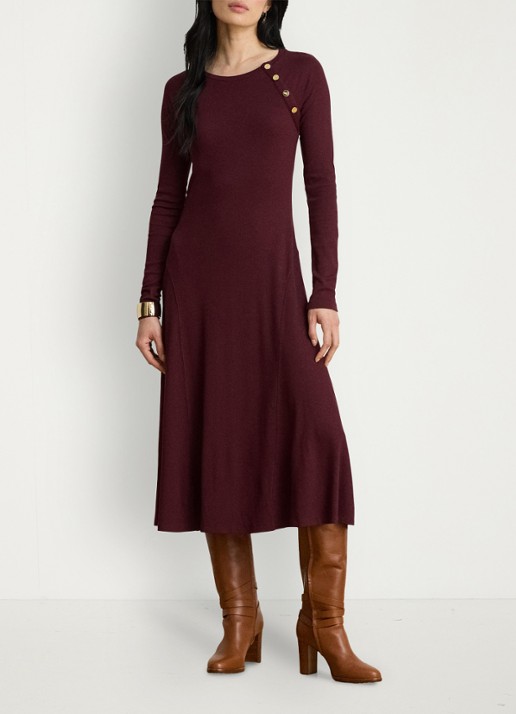 Ralph Lauren Ribgebreide midi jurk met sierknopen - voorkant 5 dark garnet / bordeauxrood