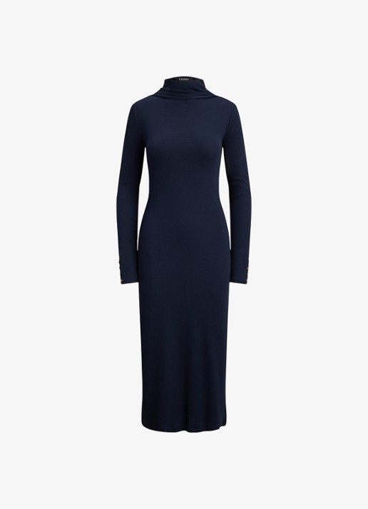 Ralph Lauren Ribgebreide midi jurk met sjaalkraag - voorkant 2 donkerblauw