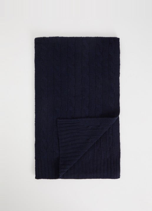 Ralph Lauren Ribgebreide sjaal in kasjmierblend 183 x 27 cm - voorkant donkerblauw
