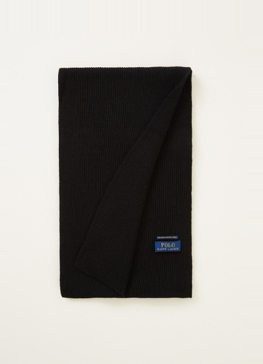 Ralph Lauren Ribgebreide sjaal van wol 180 x 25 cm - voorkant diepzwart
