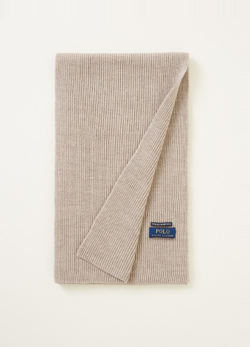 Ralph Lauren Ribgebreide sjaal van wol 180 x 25 cm - voorkant 2 legergroen