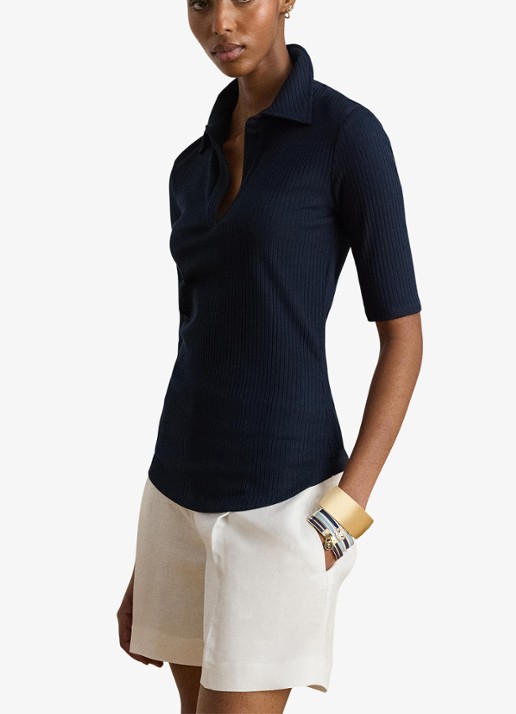 Ralph Lauren Ribgebreide top met kraag - detail 4 lauren navy / blauw